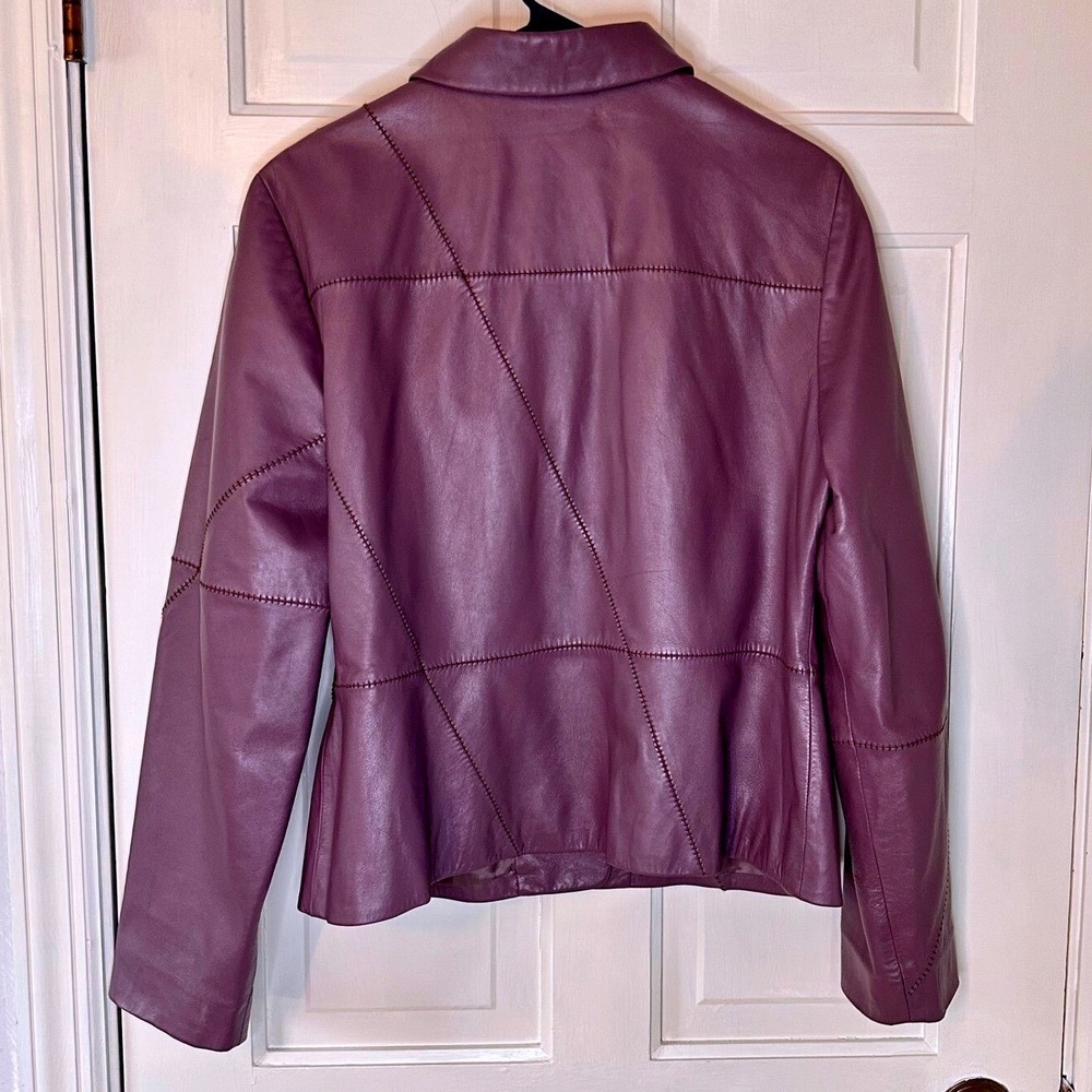 Worth Womens Pastel Purple Genuine Leather Patchwork Button Front Jacket Size 12 - Picture 3 of 12